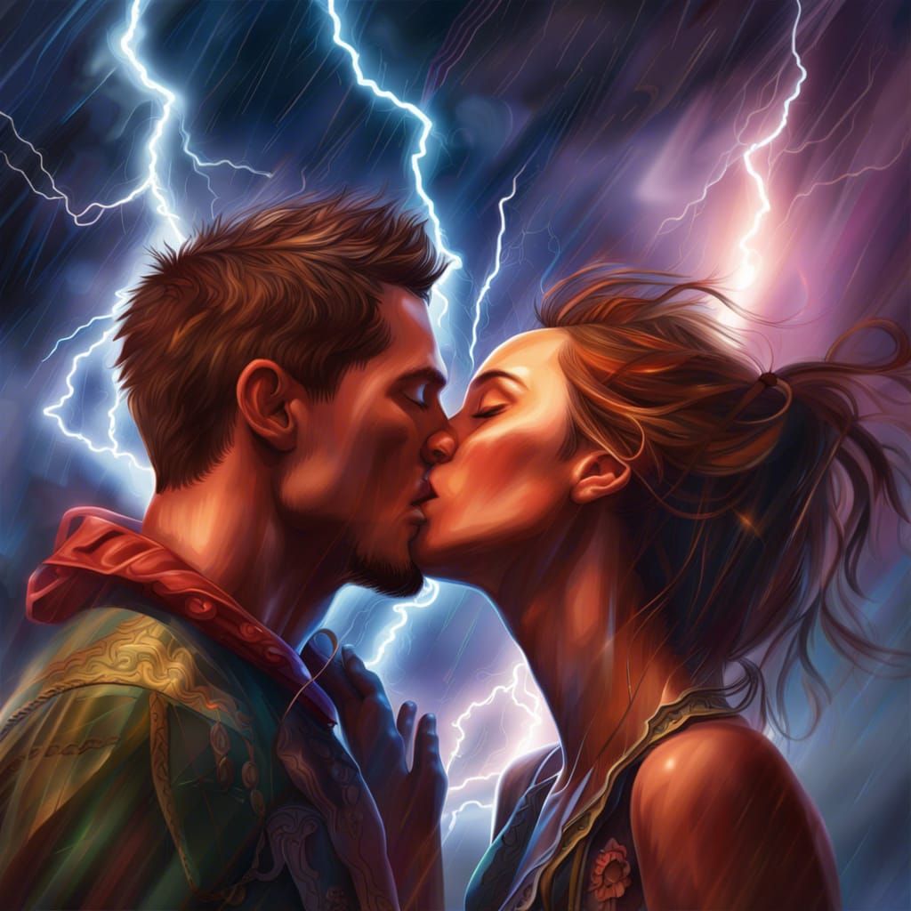 Hyperrealistic Kiss Amidst Lightning Storm