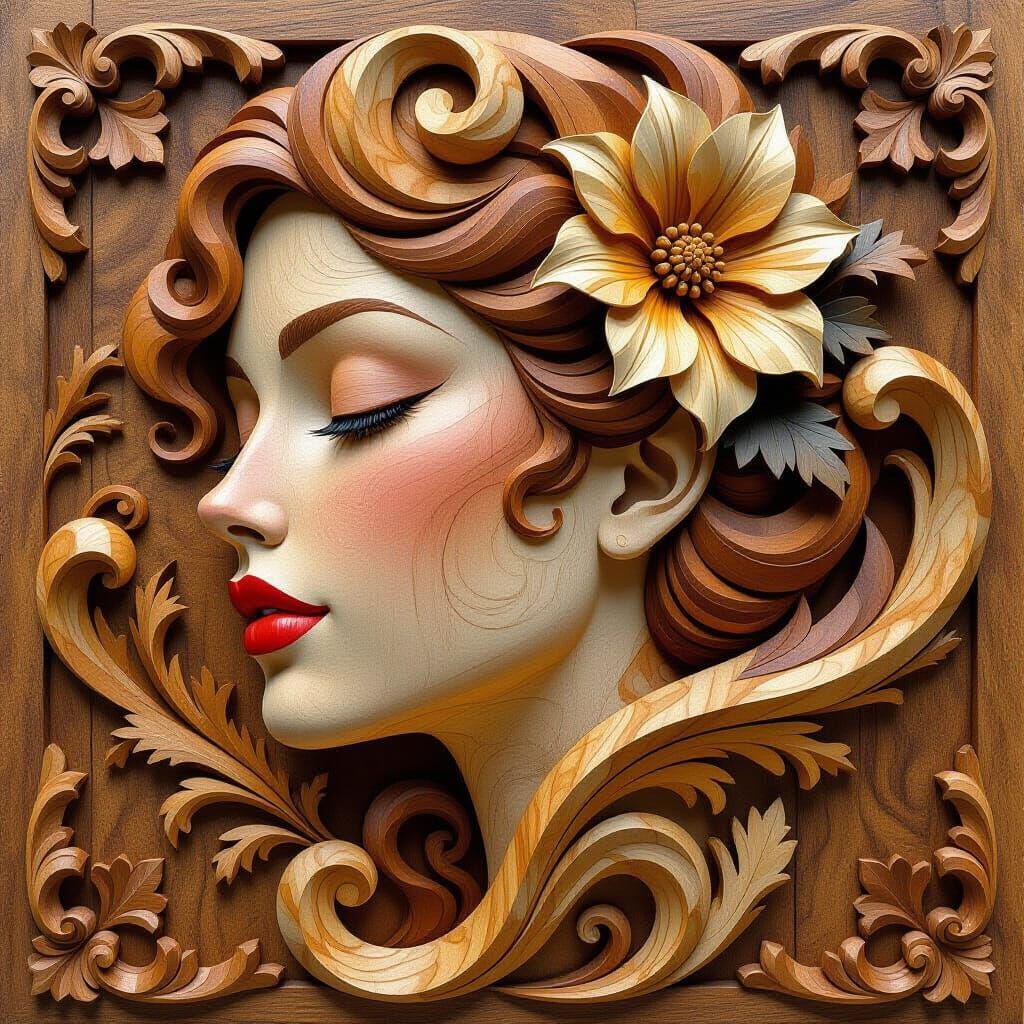 Intricate Wooden Mural with Realistic Grain Textures