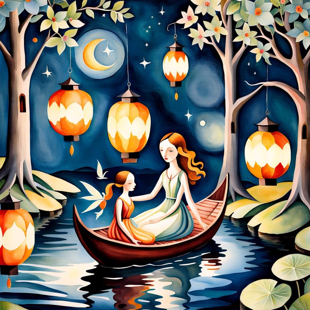 Ethereal Midsummer Lanterns in Folk Art Style