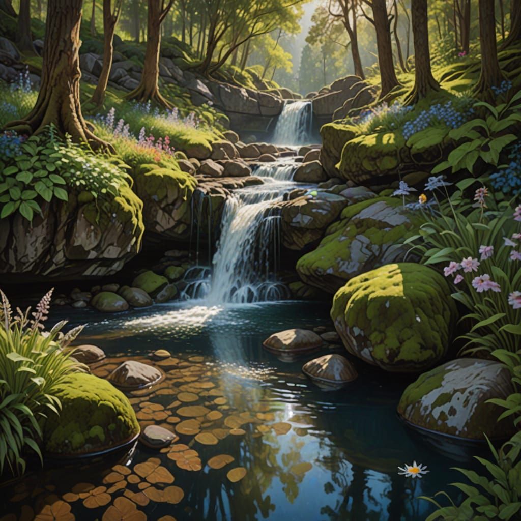 Hidden Waterfall in Lush Forest: Oil Painting