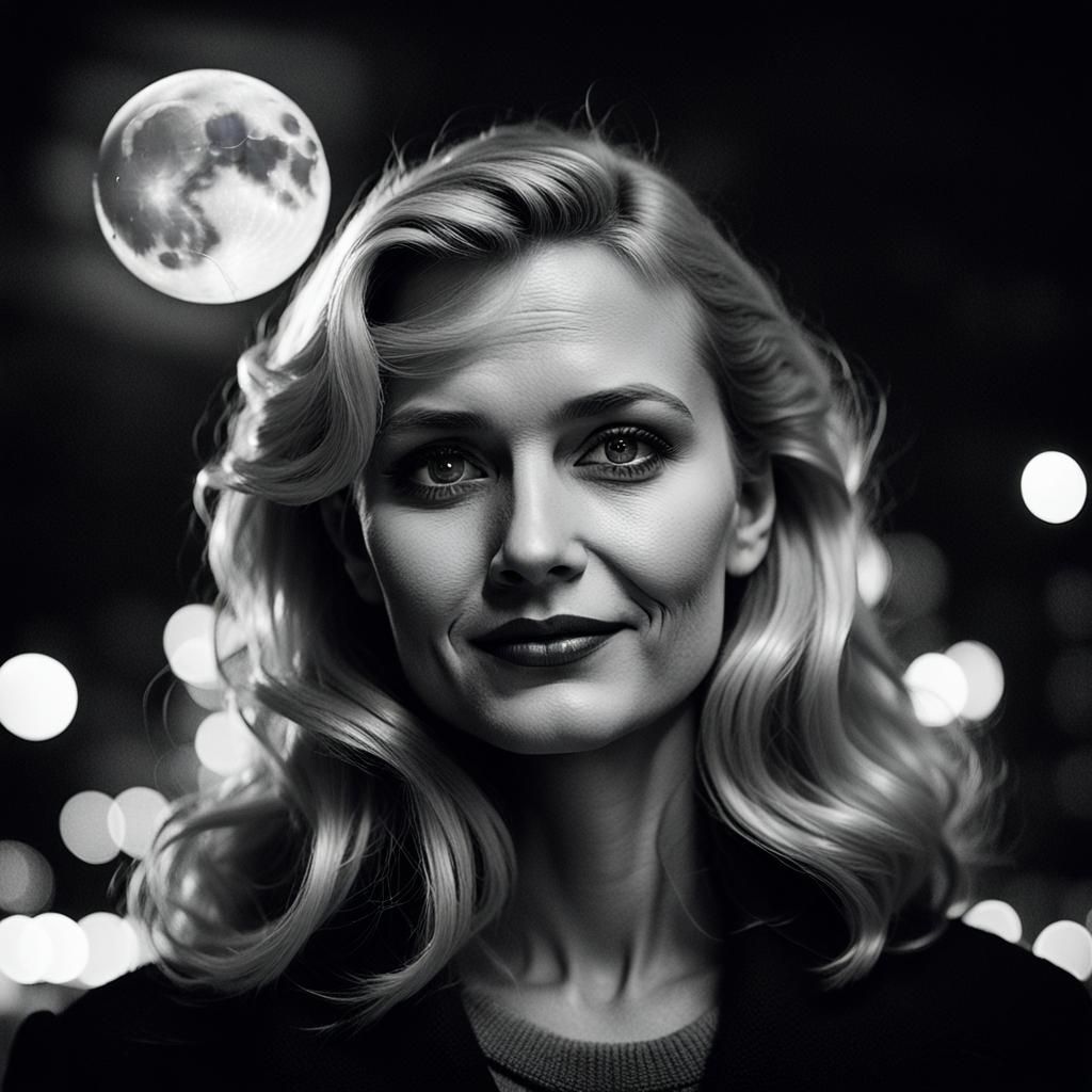 Glamorous Blonde in Grayscale Cityscape: Film Noir