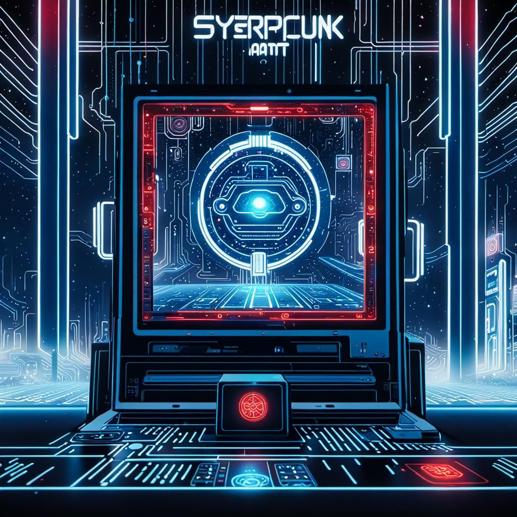 Cyberpunk Computer Displaying Cryptic Knowledge, Digital Art