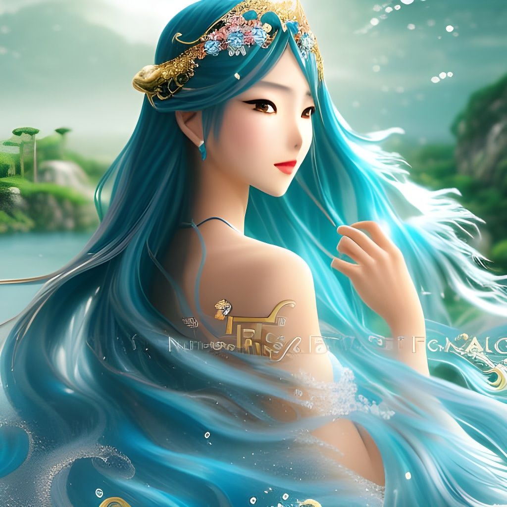Beautiful Anime Princess of the Sea in Silk Dress