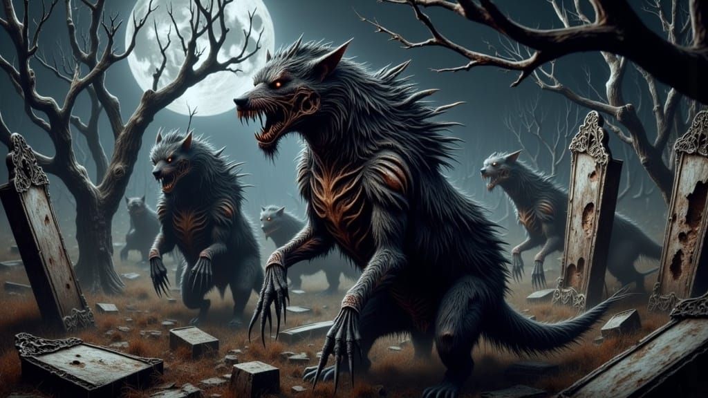 Ghoulish Scaly Creatures Prowl Cemetery at Night