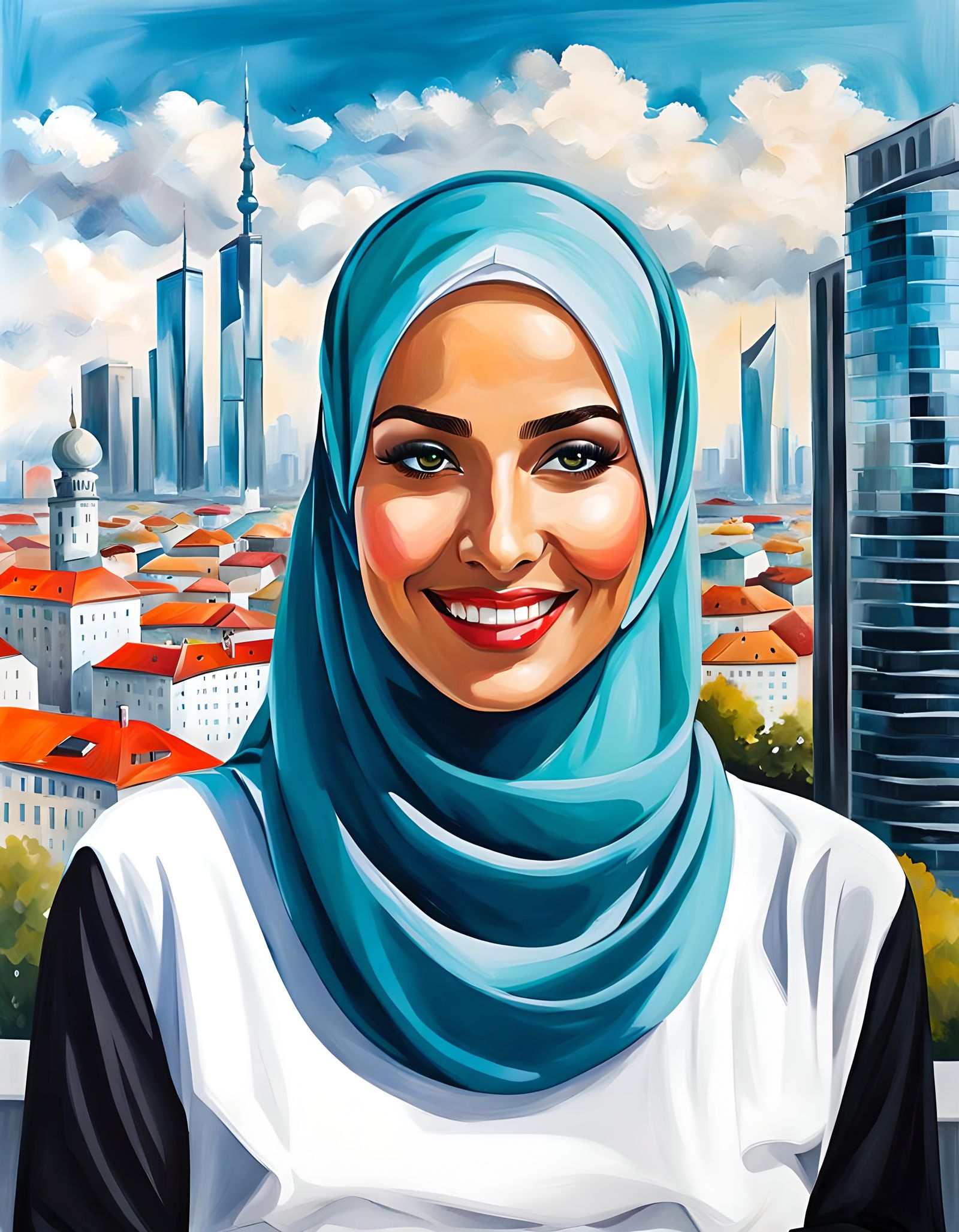 Elegant Hijabi Woman Smiling in City, Oil Painting