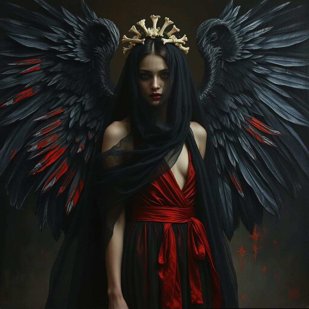 Ethereal Angel Woman in Dark Fantasy Oil Painting