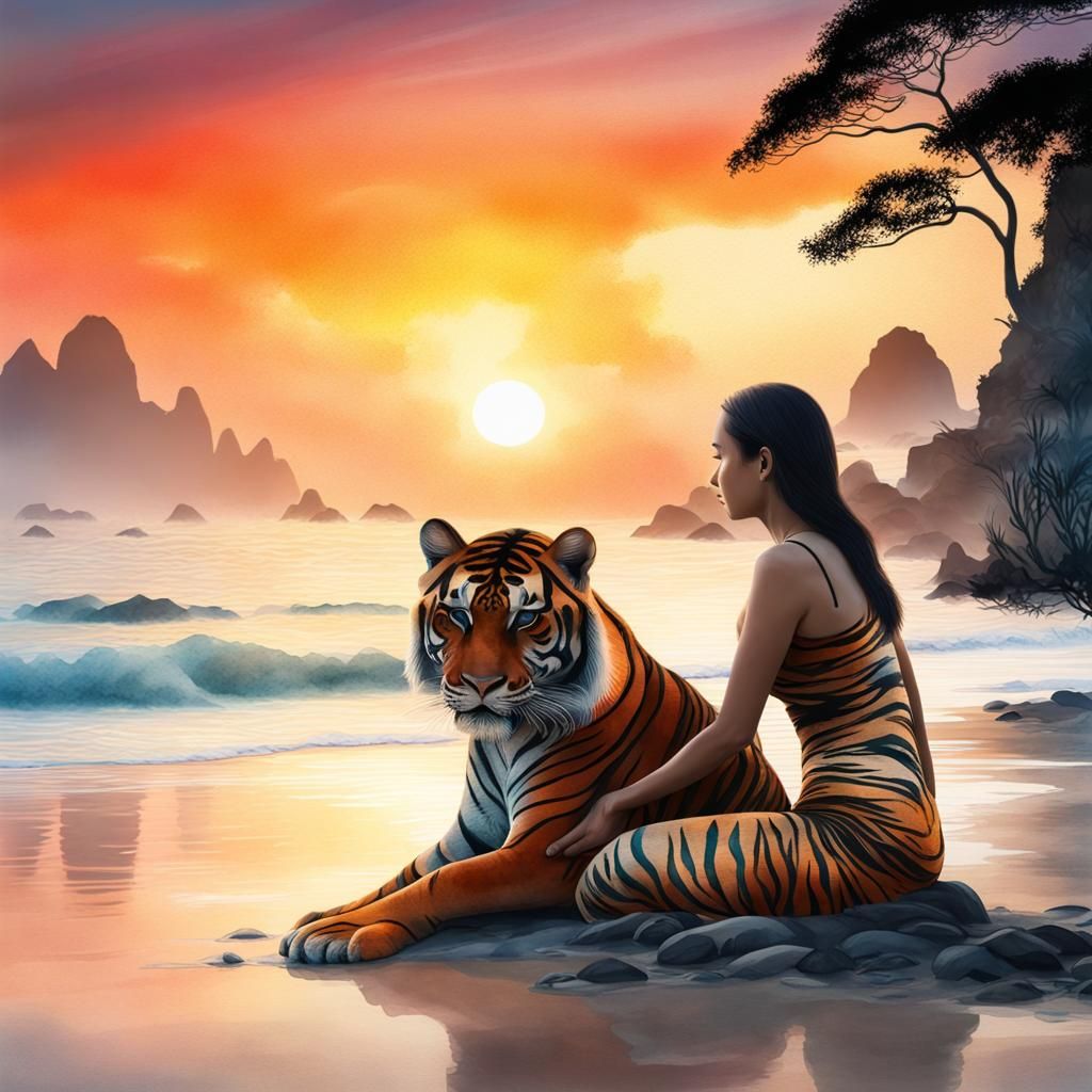 Thai Woman and Tiger Double Exposure Watercolor