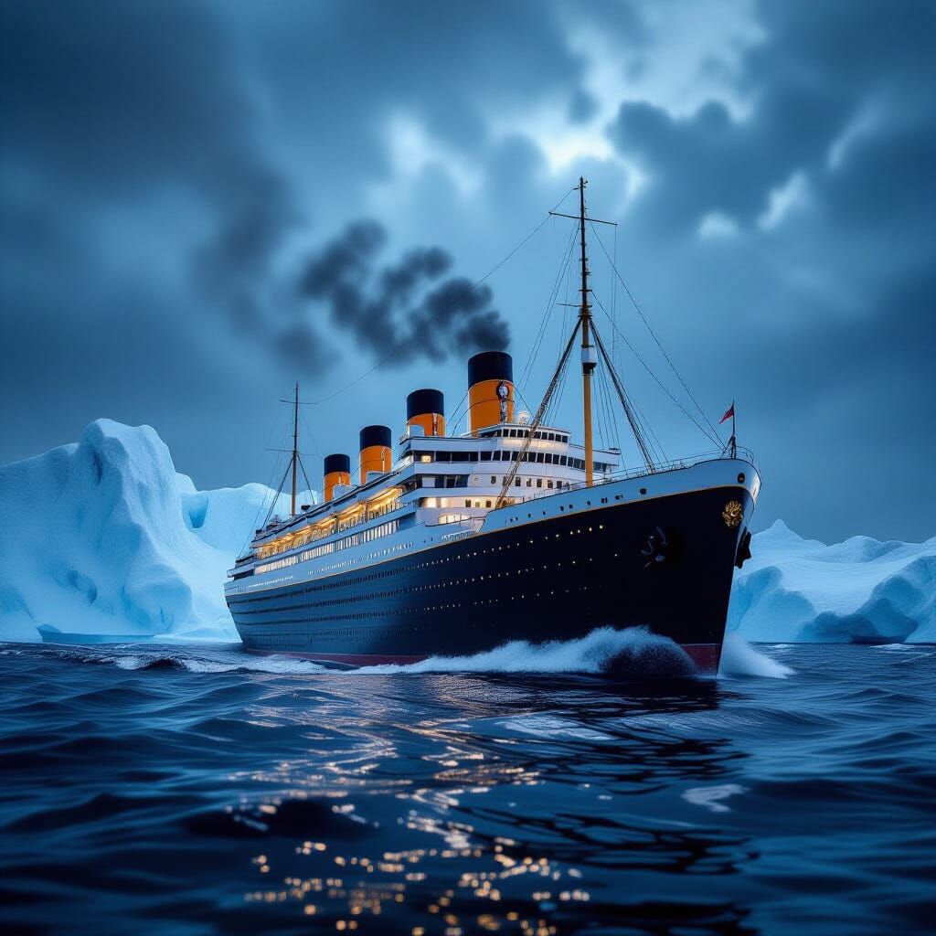 Ocean Liner Battles Stormy Seas Near Iceberg