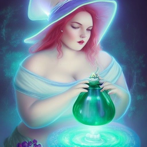 Plus Size Goddess Brewing Potion in Glowing Cauldron