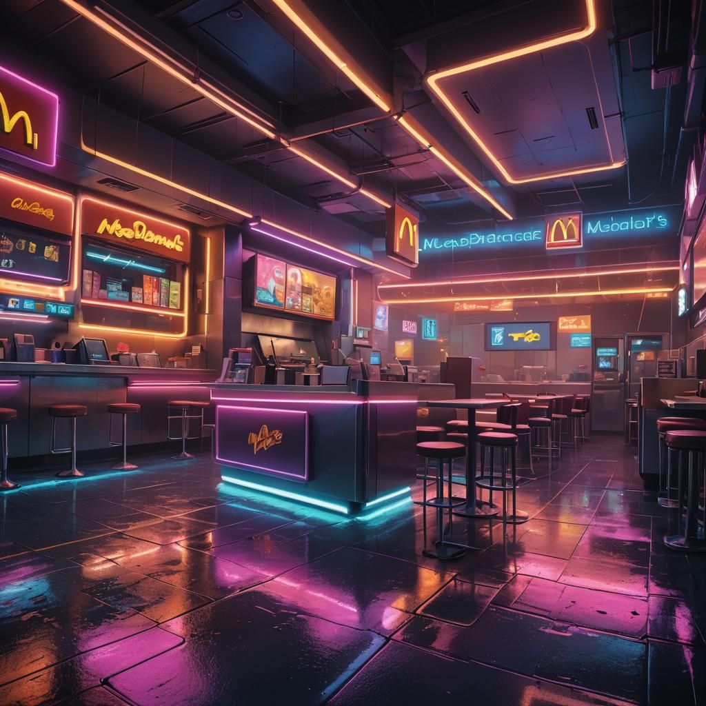 Cyberpunk McDonald's: Neon Rainbows Reflect on Empty Restaur...