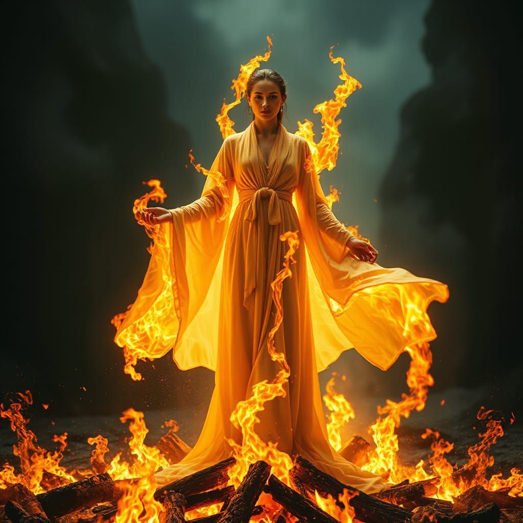 Mystical Woman Engulfed in Liquid Flame on Pyre
