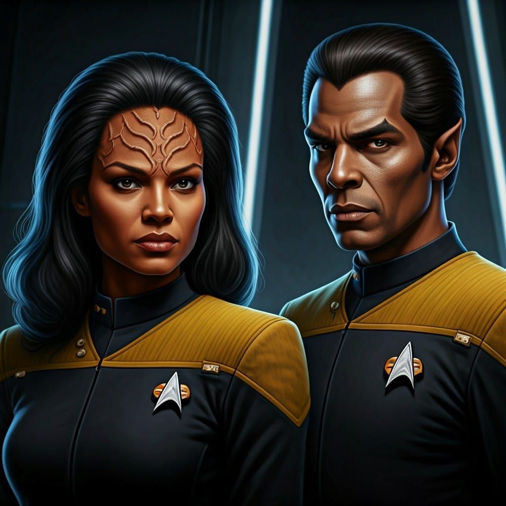 B'Elanna Torres, brown Klingon skin, deep grooves in her forehead (4.0), pageboy black hair, dark eyes, wearing a yellow...