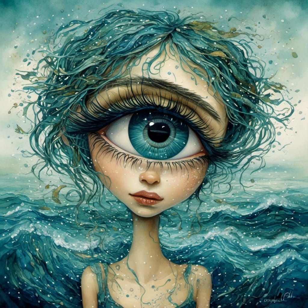 Surreal Giant Eye Crying Tears, Watercolor Style