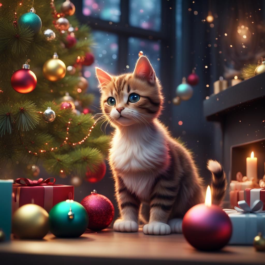 Adorable Cats Decorate a Christmas Tree in Matte Painting St...