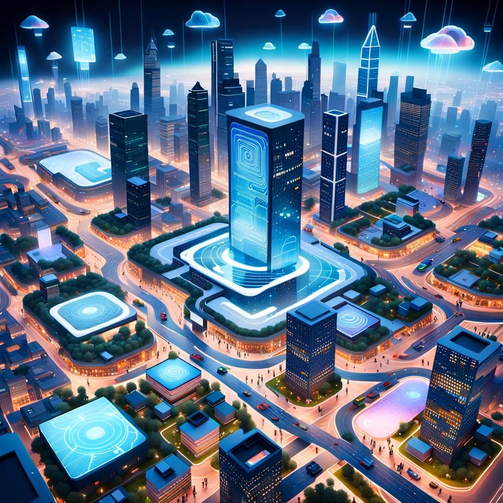A futuristic cityscape representing the internet, where buil...