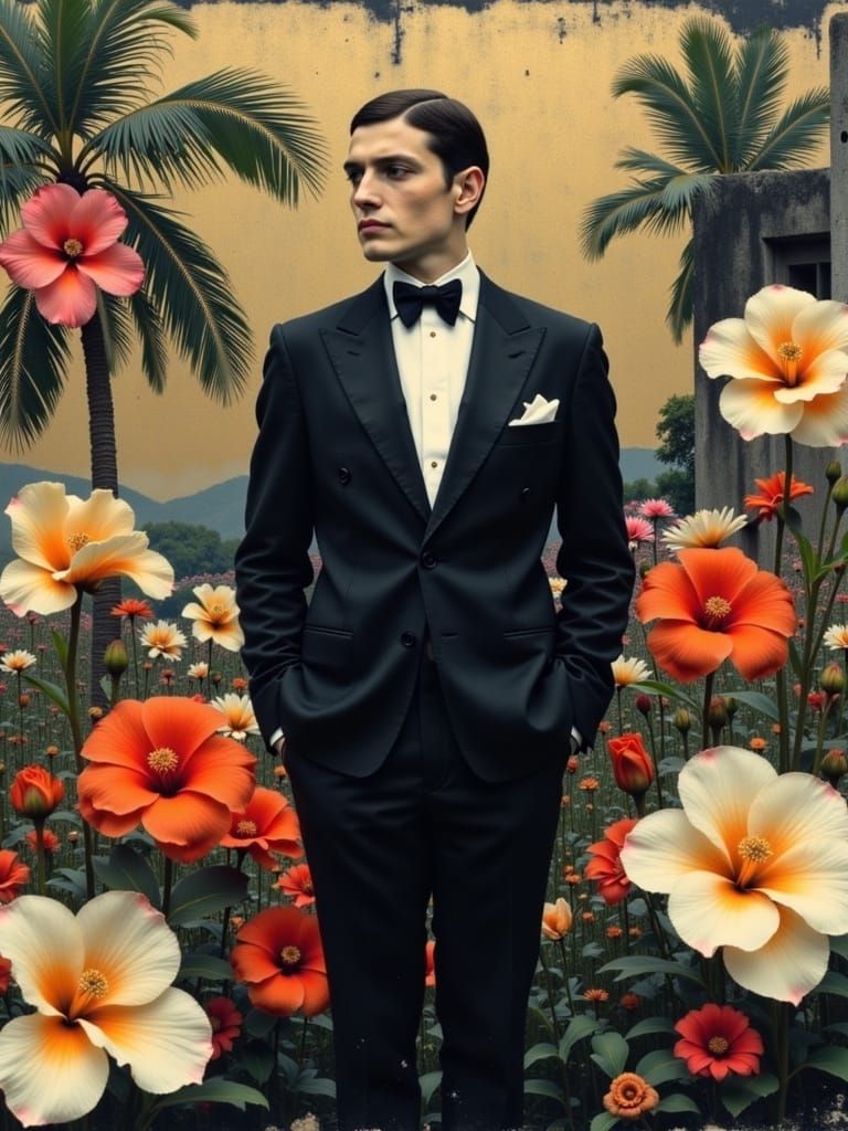 Elegant Man in Art Deco Floral Garden