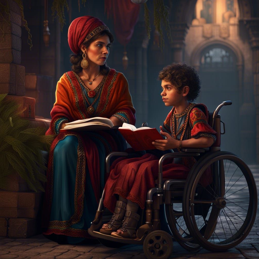 Romani Woman Shares Book With Son: Fantasy Art