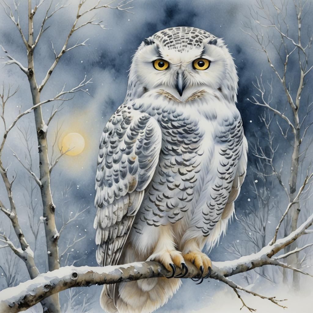 Majestic Snowy Owl Watercolor Painting on Branch