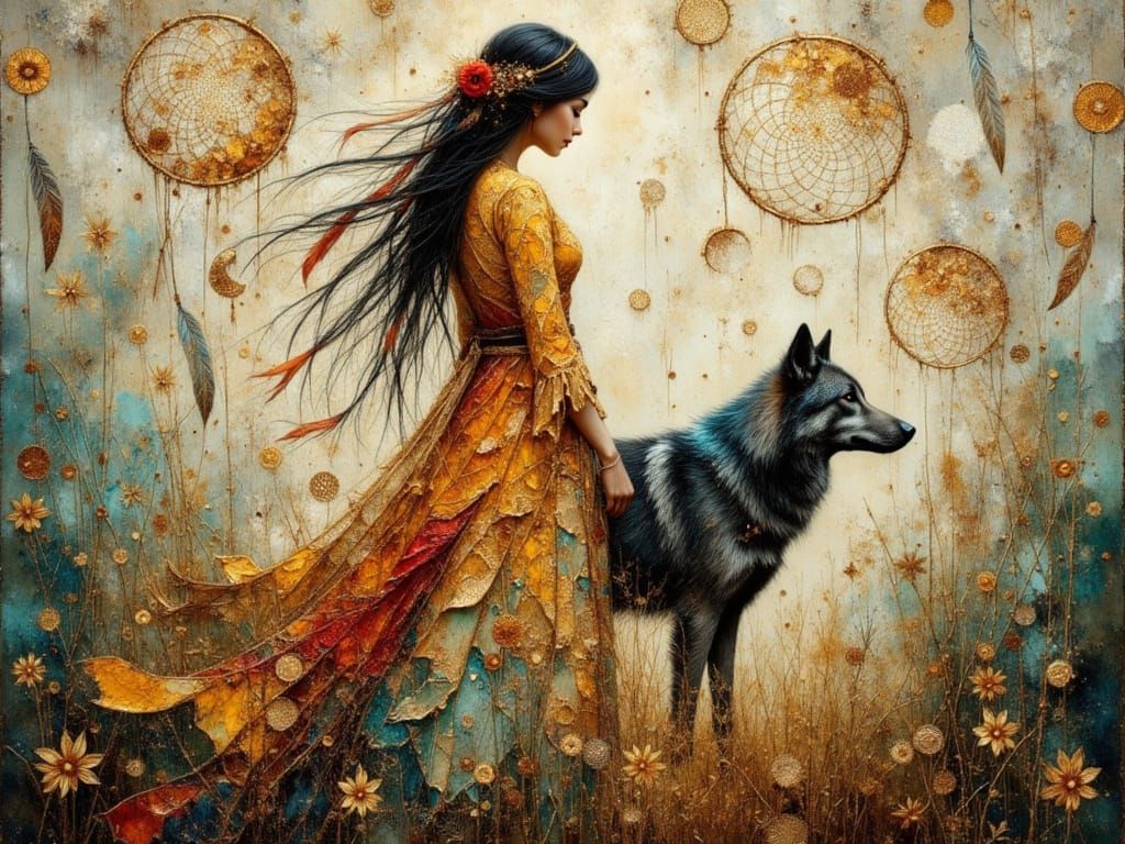 Native American Princess and Wolf Silhouette Art