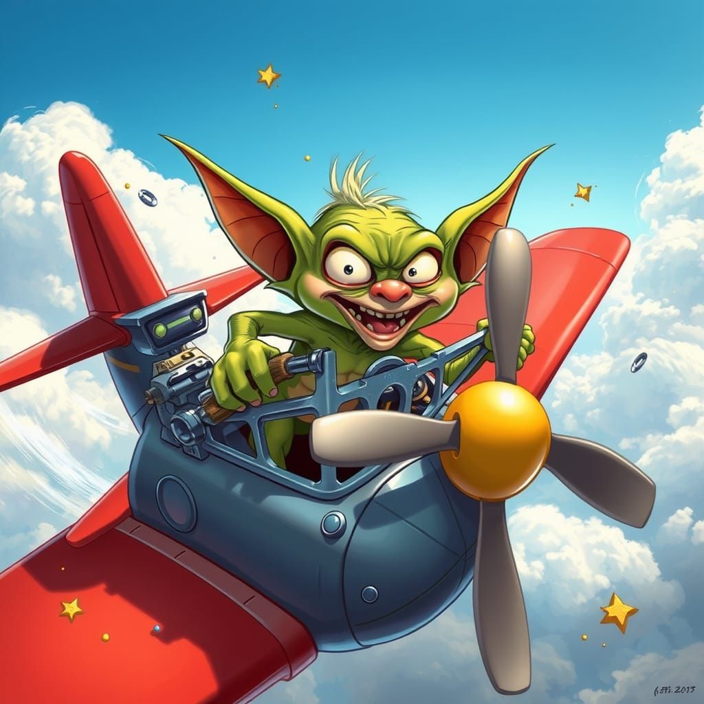 Gremlin's Mid-Air Airplane Mischief in Cartoon Style