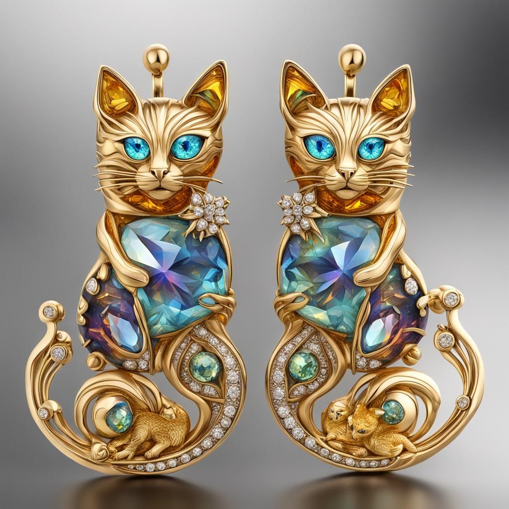 Gold Cat Earrings with Diamonds and Citrine