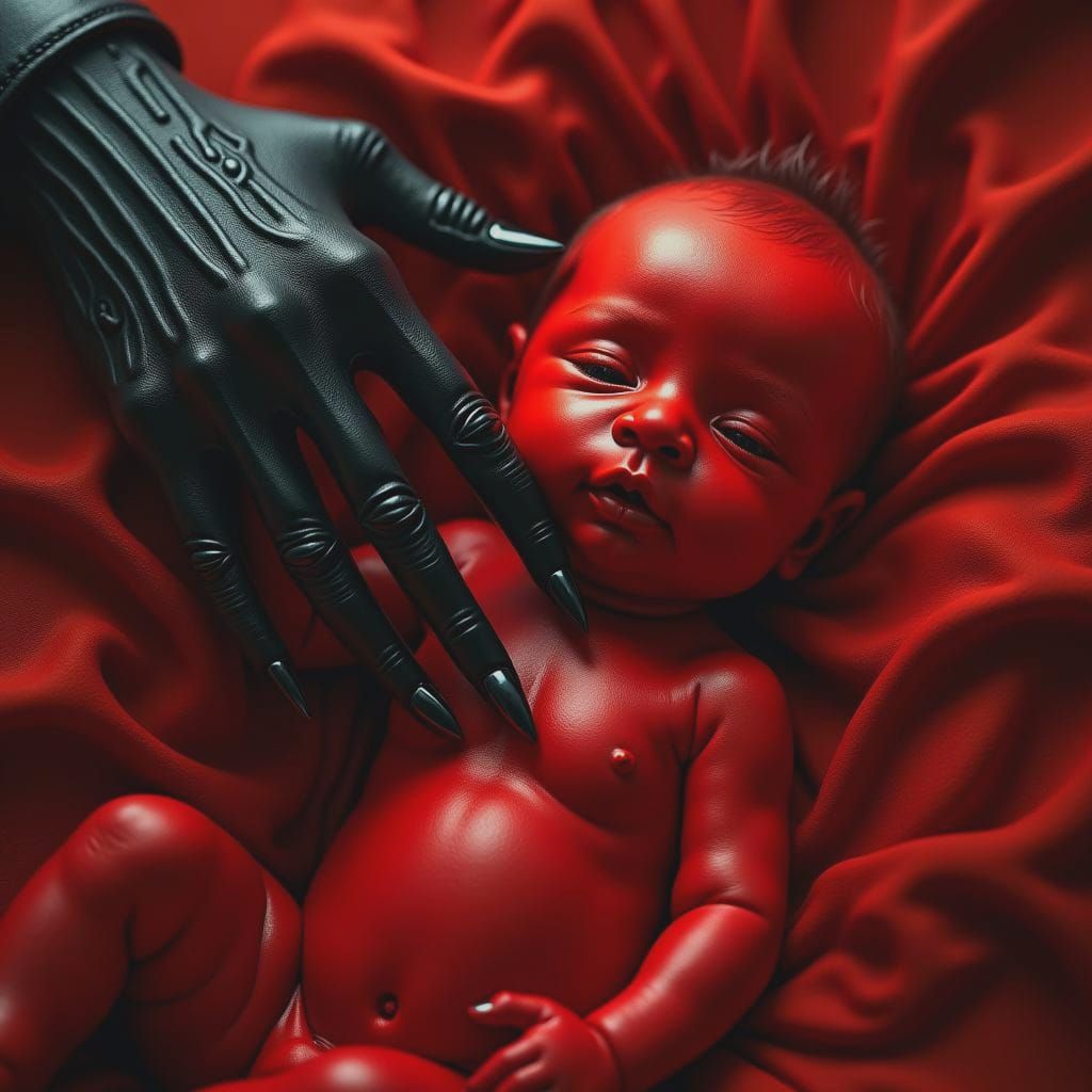 Red Paint Baby Portrait in Hyperdetailed Splash Art