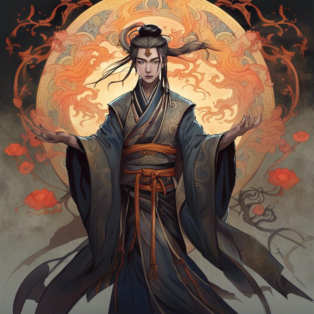 Art Nouveau Shinto Priest in Dark Fantasy Style