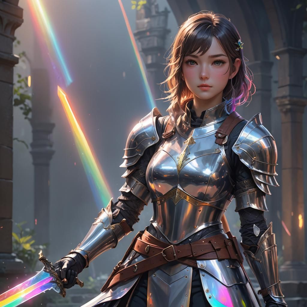 Knight Girl with Rainbow Sword in Anime Style