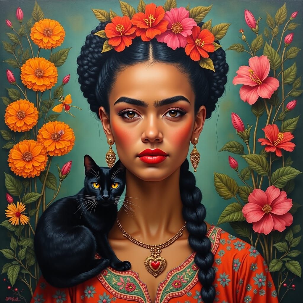 Black Woman in Elaborate Attire with Flora, Oil Painting