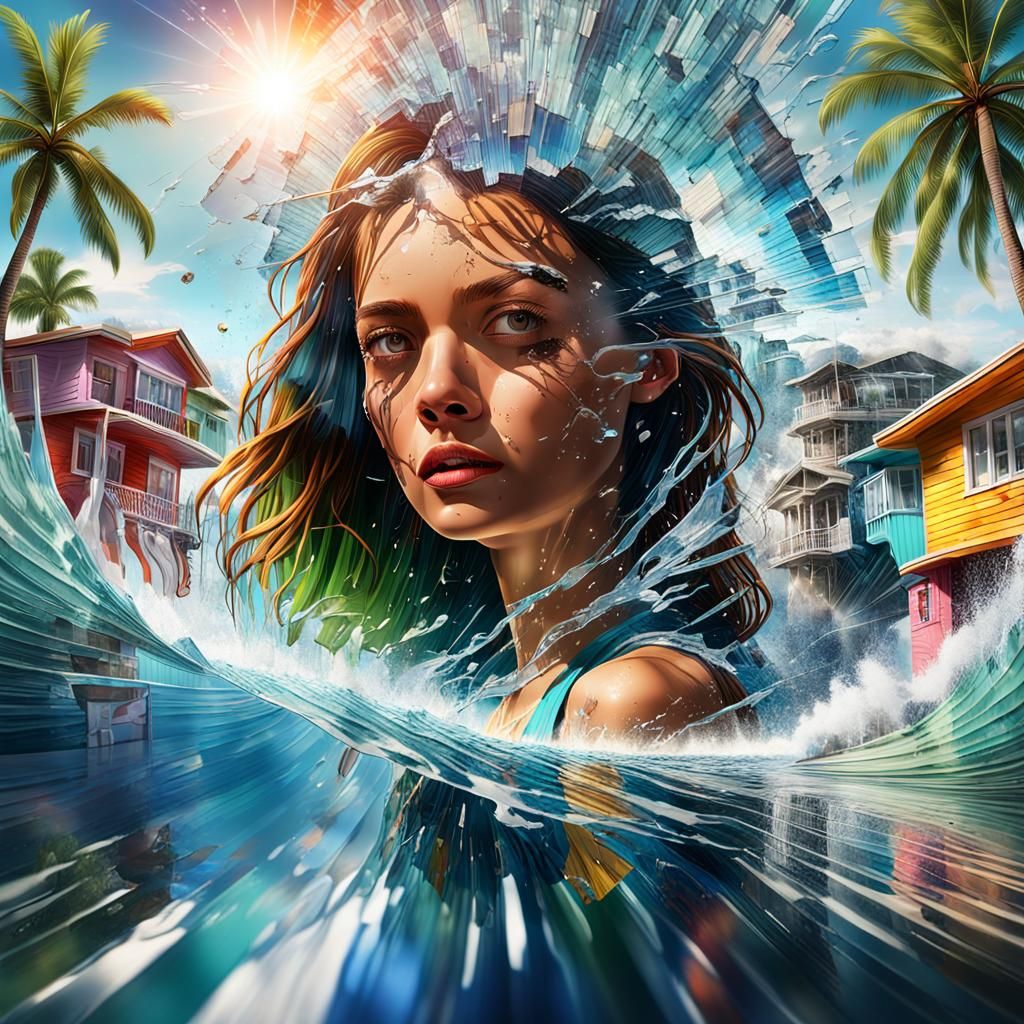 Double Exposure Portrait with Waterfalls and Shattered Glass