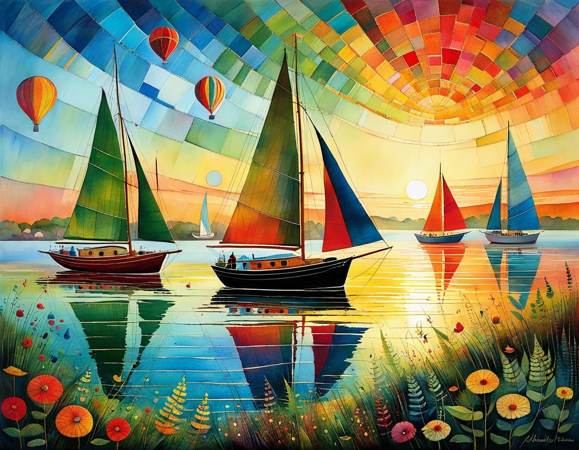 Sailboats at Sunrise: Whimsical Patchwork Illustration