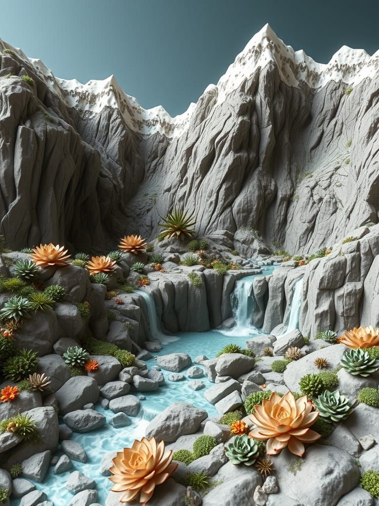 Detailed Clay Mountain Landscape with Waterfalls