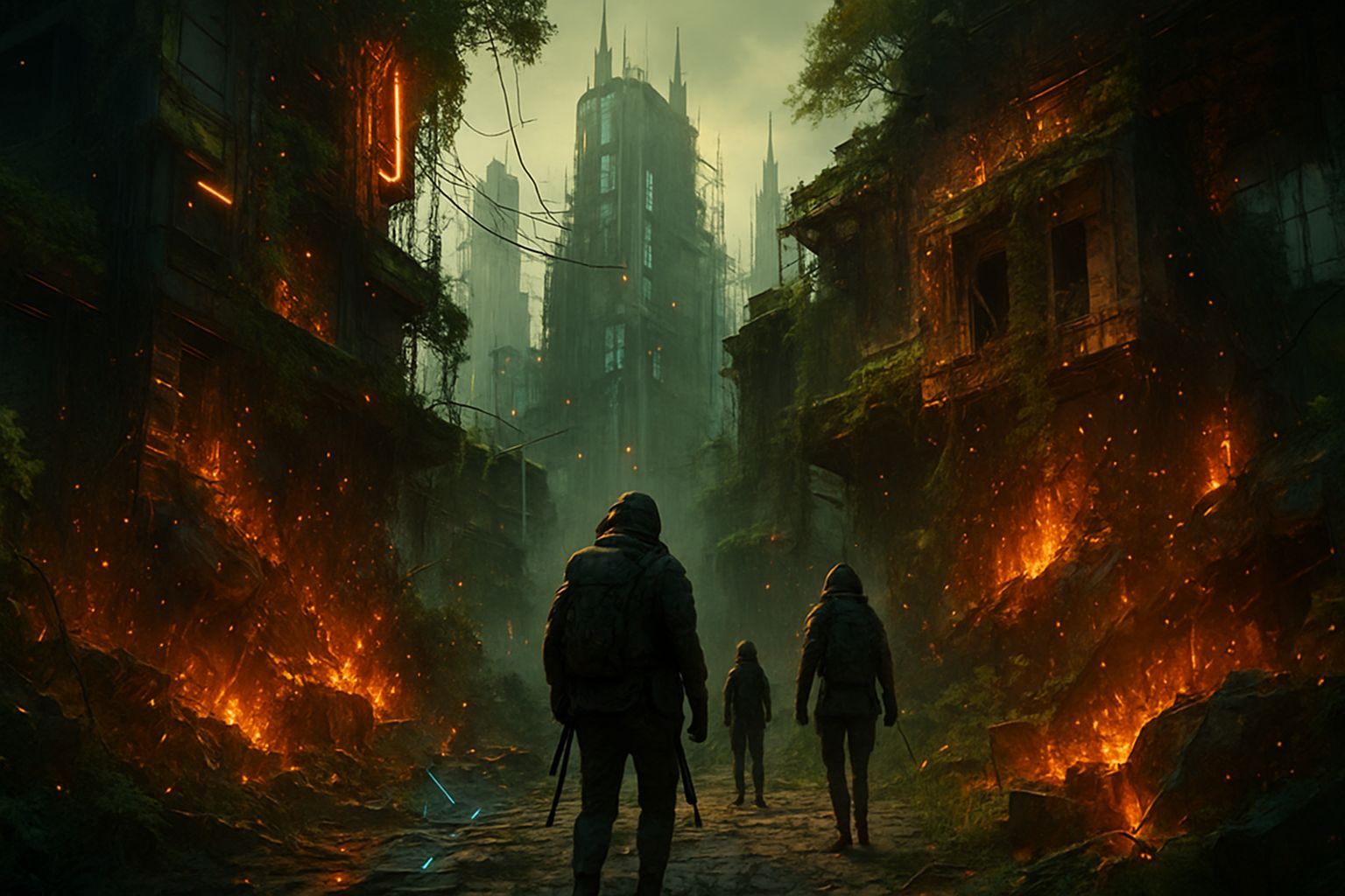 Post-Apocalyptic Cyberpunk City: Survivors in Ruins