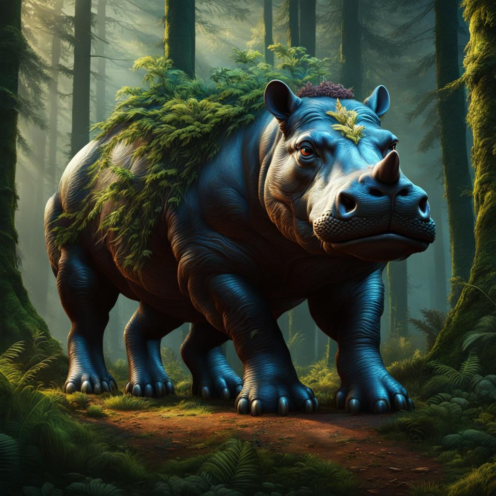 Hybrid Cat-Hippo Creature in Detailed Forest Painting