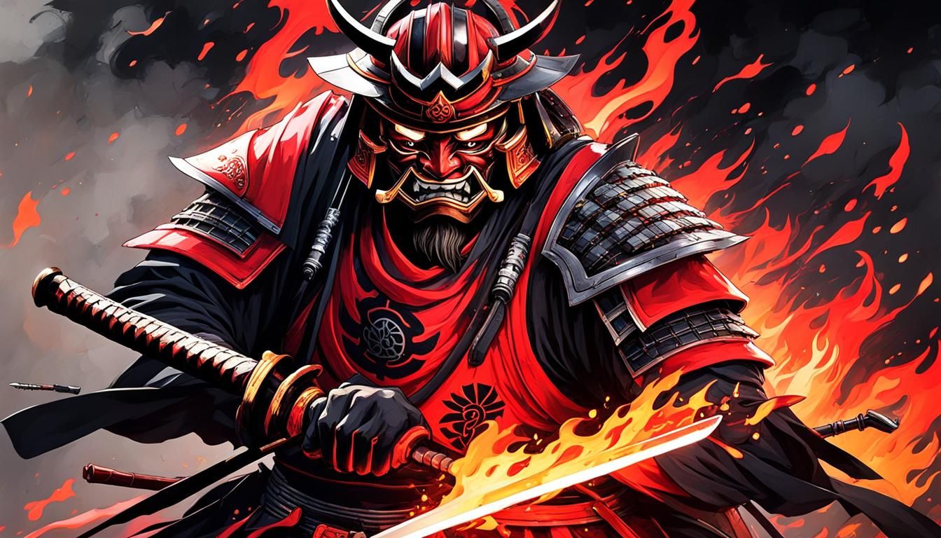 Samurai in Oni Mask with Flaming Sword: Graffiti Art