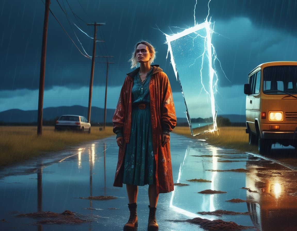 Whimsical Woman in Rain, Alcohol Ink Art