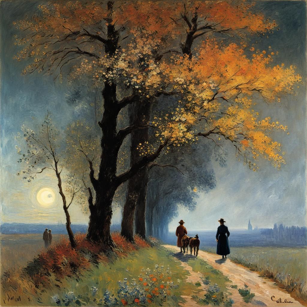 Moonlit Autumn Landscape with Wildflowers and Twinkling Star...