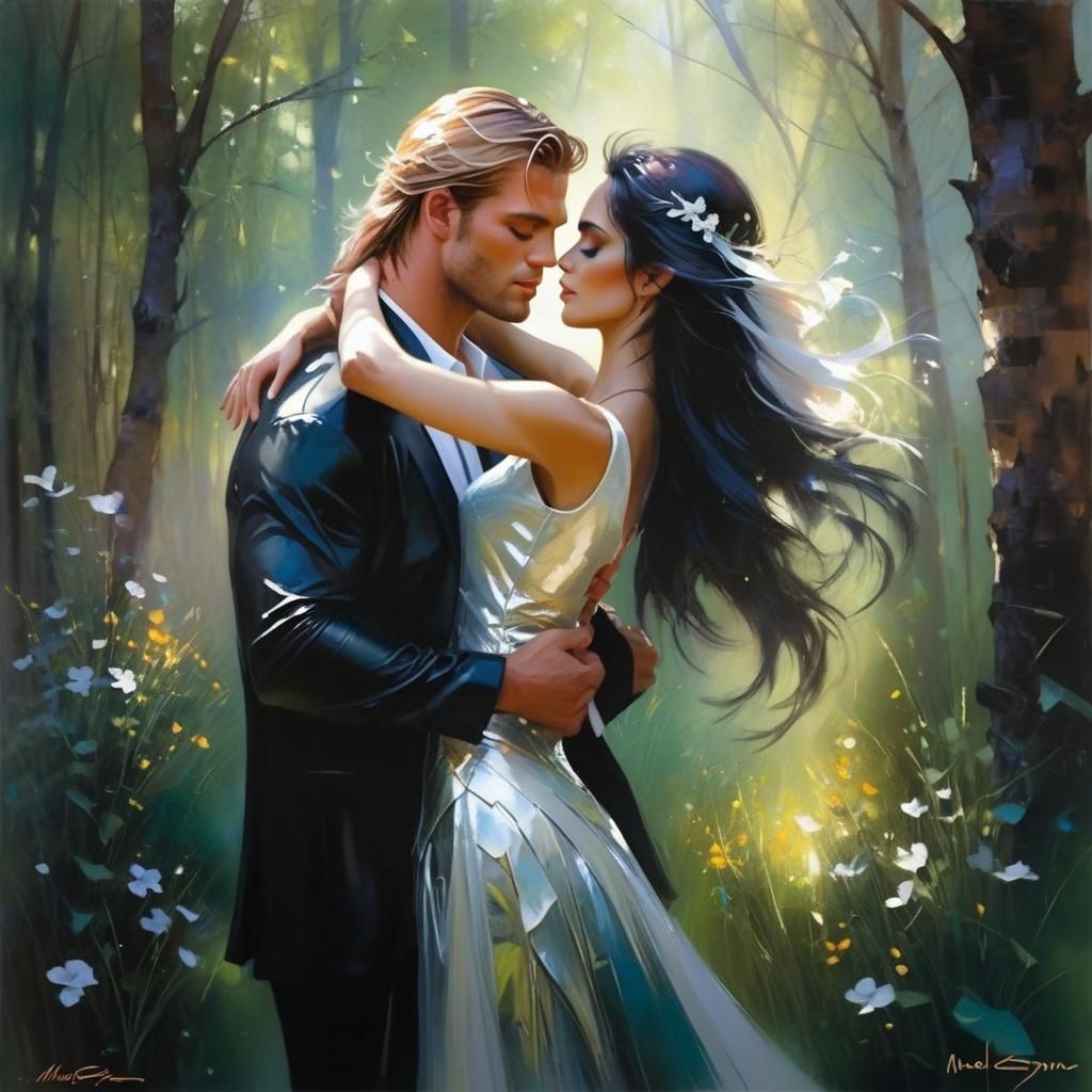 Couple Dancing in Forest Clearing, Romantic Art Style