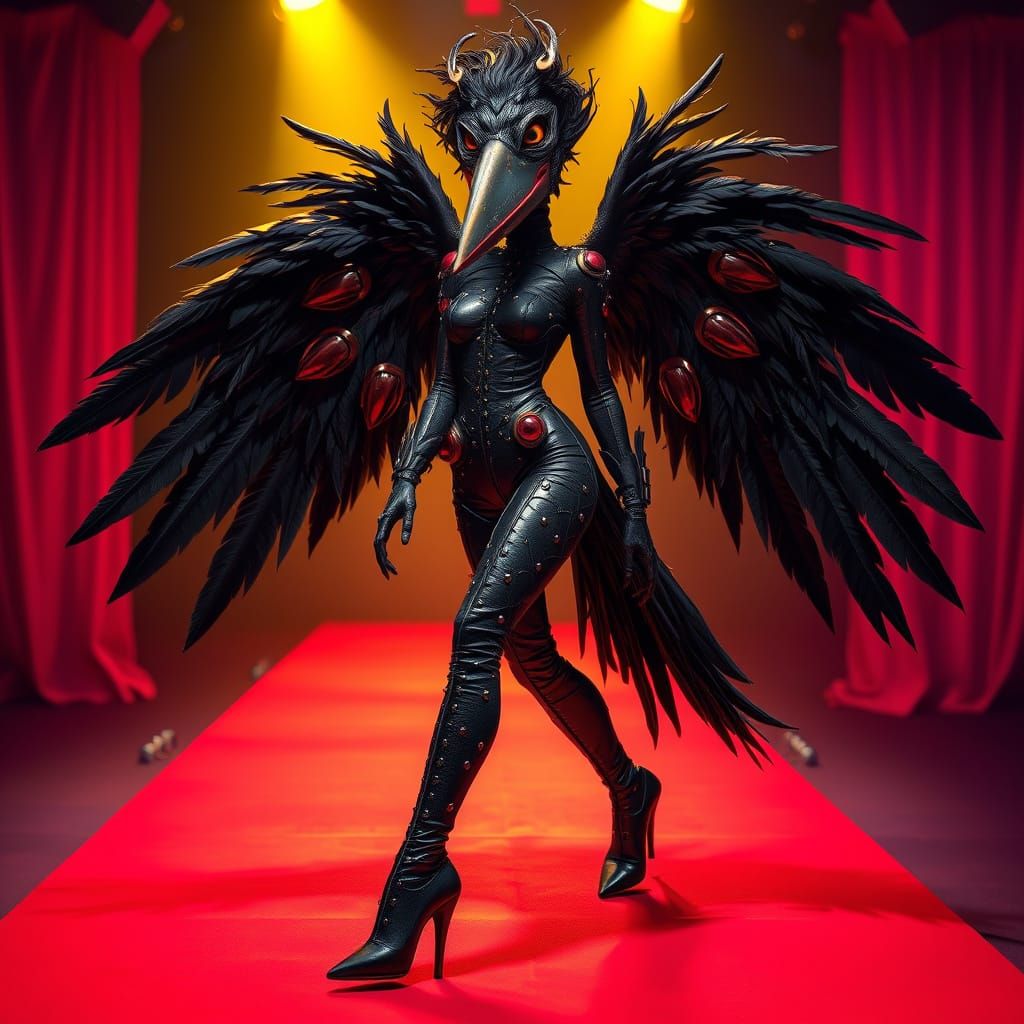 Full body and legs: Dark, female, bird-like, humanoid figure...