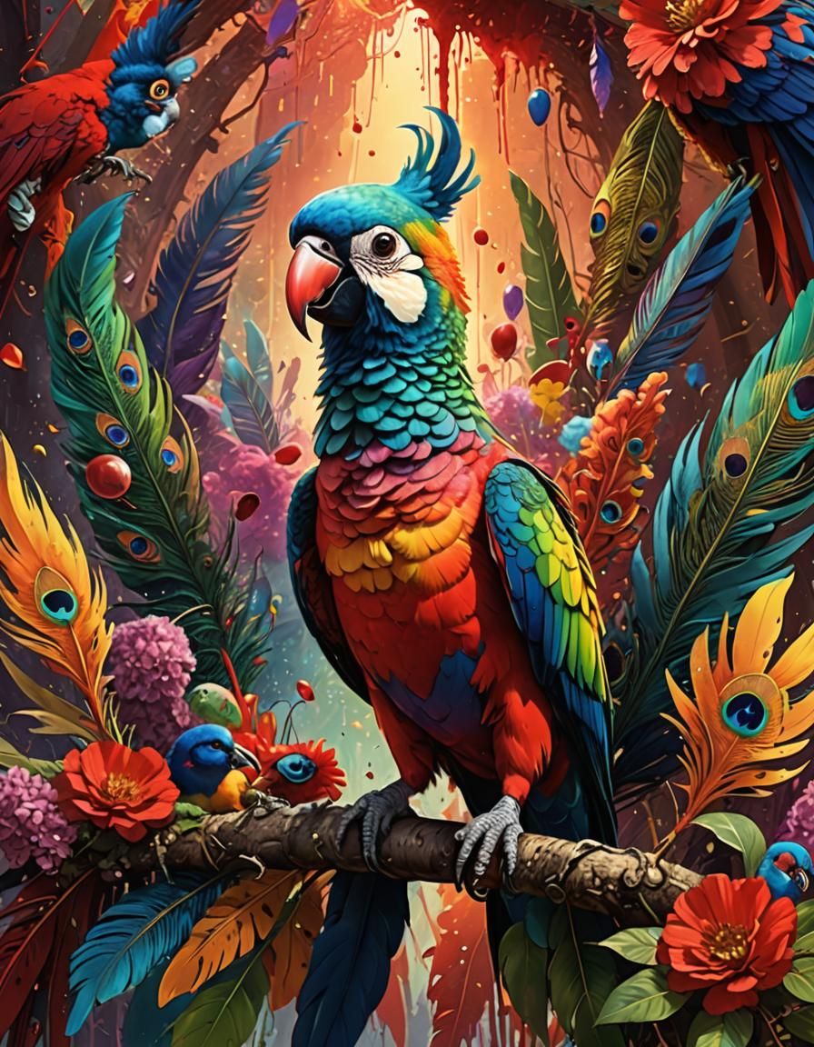 Explosion of Color: Rainbow Parrot-Peacock Poster Art