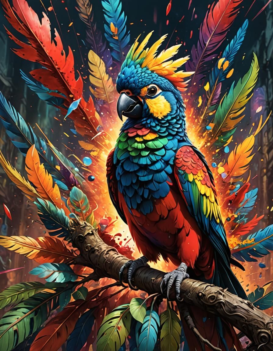 Rainbow Parrot-Peacock Explosion: Maximalist Poster Art