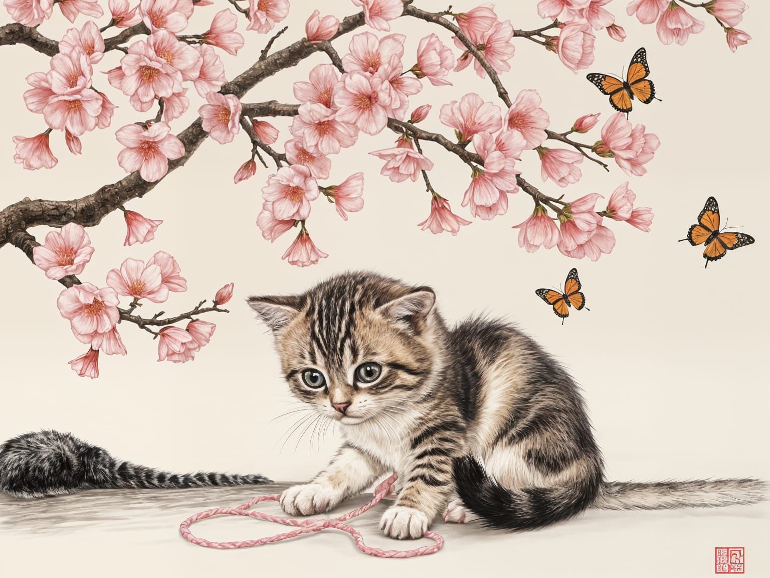 Kitten Playing Under Sakura Tree in Sumi-e Style