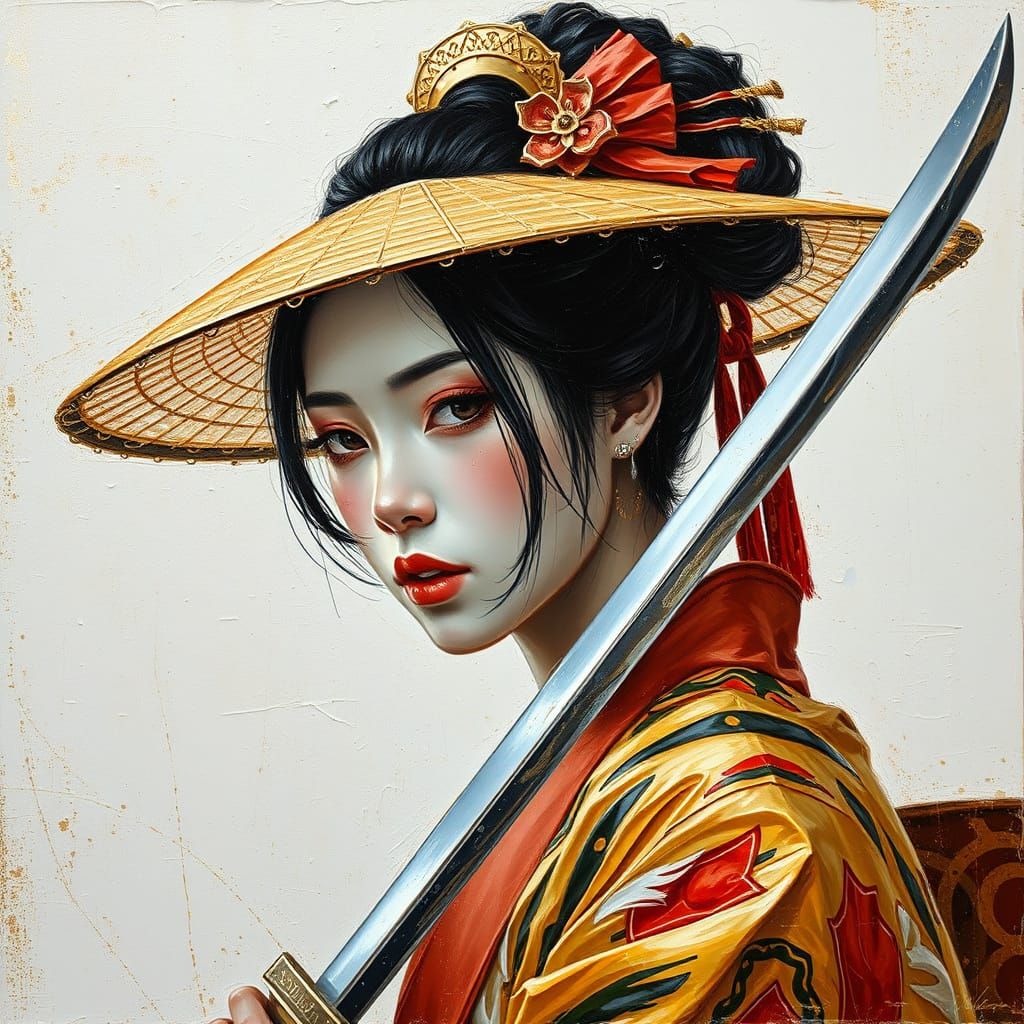 Japanese Swordswoman in Golden Neo-Impressionist Oil Paintin...