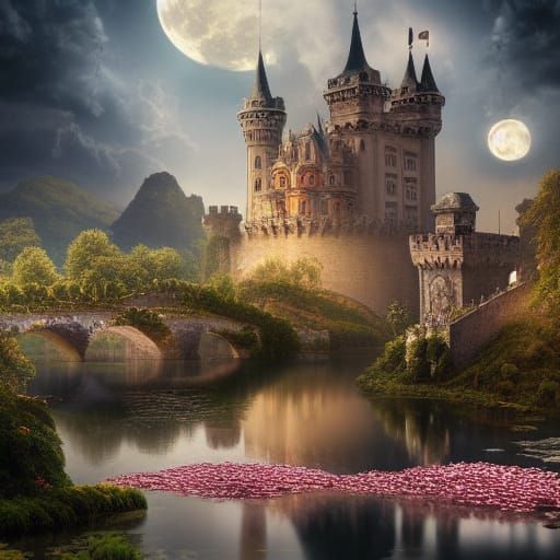 Renaissance Castle with Carnivorous Flowers, Digital Paintin...