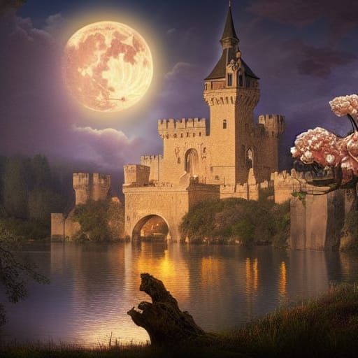 Renaissance Castle with Carnivorous Flowers in Moonlight