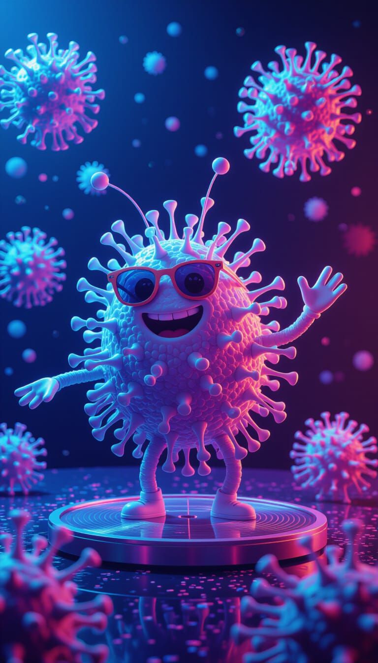 Cheerful Microbes Dancing in Neon Petri Dish