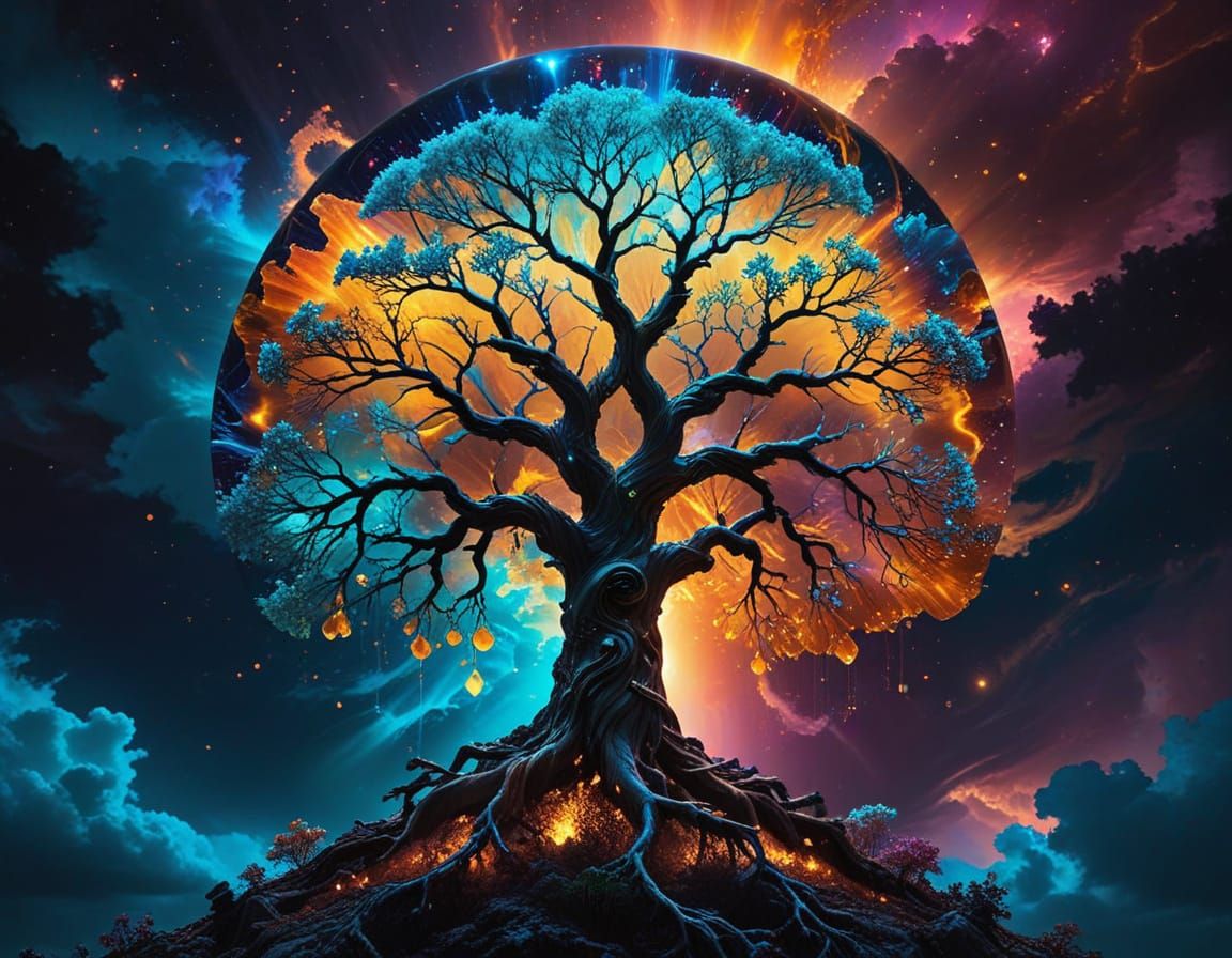 Ethereal Tree of Life in Kaleidoscopic Chiaroscuro