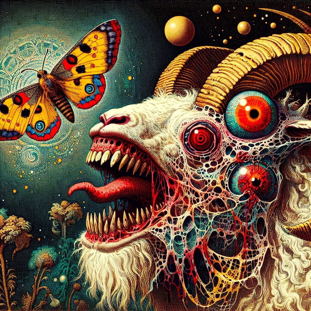 Monstrous Chimera Screams in Agony: Engraved Illustration