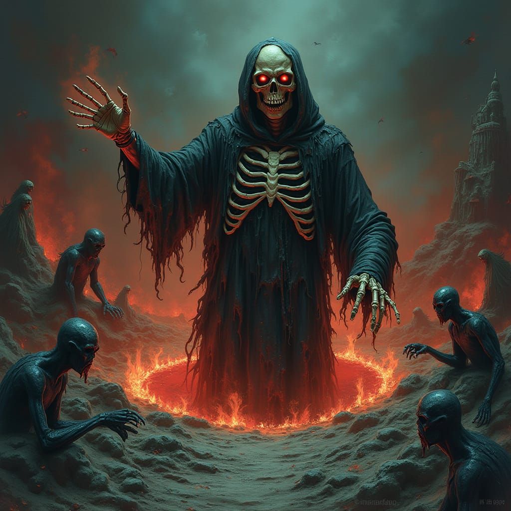 A spectral figure emerges from a swirling vortex of smoke an...