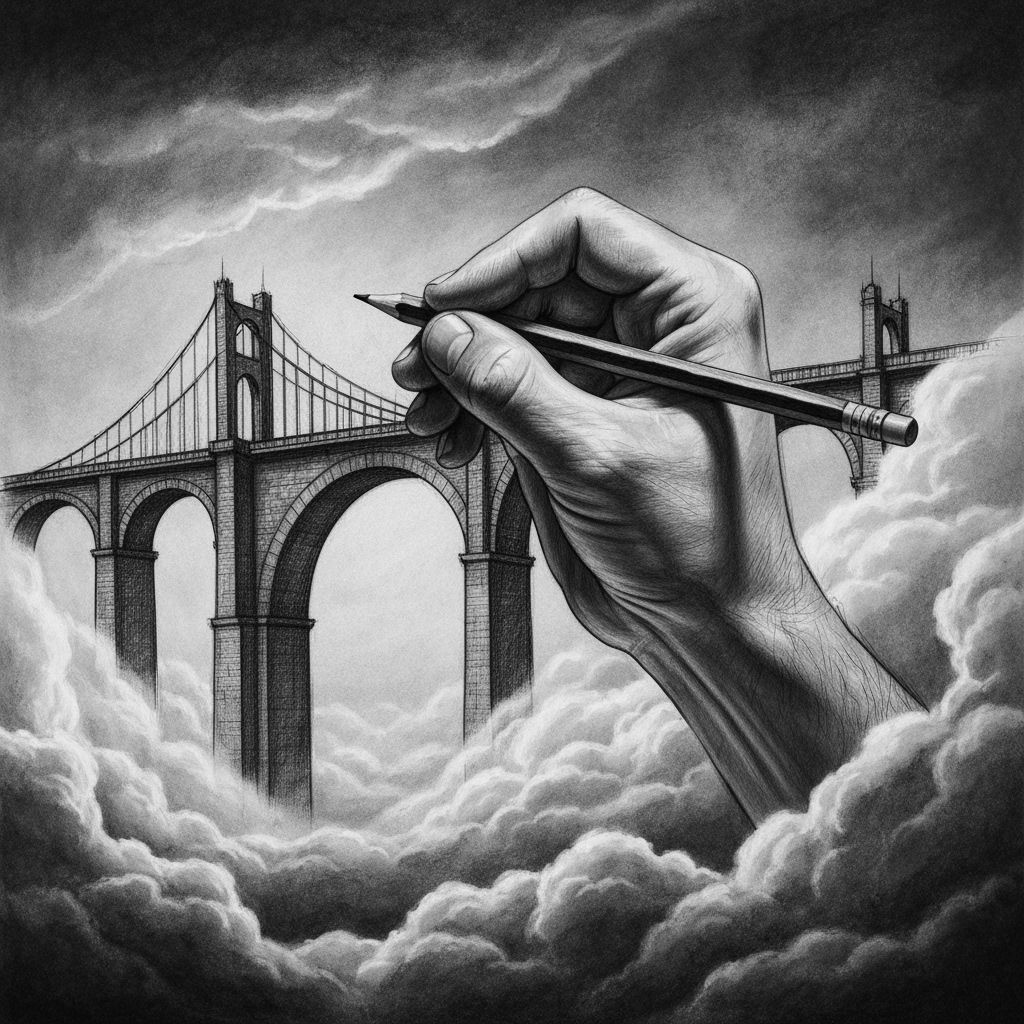 Godlike Hand Sketches Impossible Bridge in Chiaroscuro Style